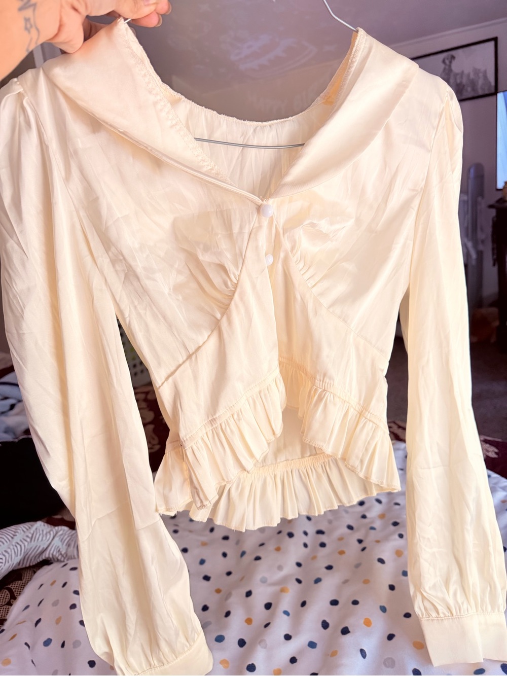 Women's Cream Ruffle-Trim Satin Blouse